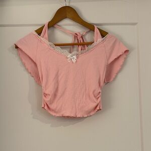 SHEIN Pink Lace Trim Crop Top